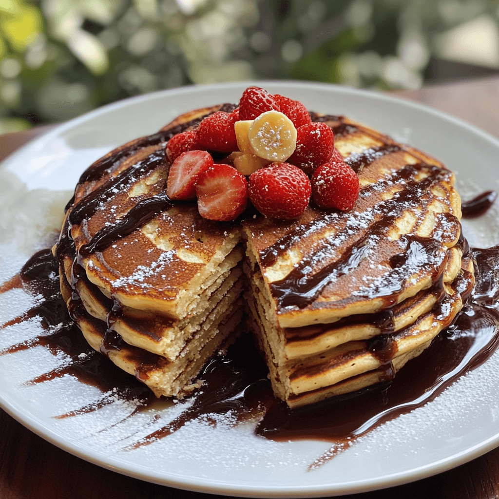 A sheet pan filled with fluffy baked pancakes topped with fresh berries and syrup, perfect for a quick and easy breakfast.