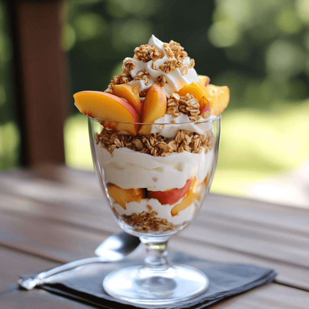 A refreshing yogurt parfait layered with fresh peaches, granola, and a drizzle of honey in a clear glass.