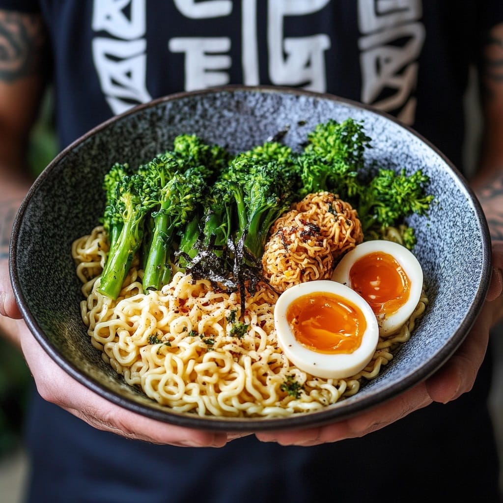 Ramen recipe with broccolini featuring noodles, vibrant green broccolini, and rich broth in a bowl.