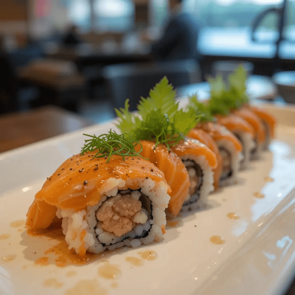 Layered sushi salmon recipe with rice, fresh salmon, and creamy toppings garnished with furikake and sesame seeds.