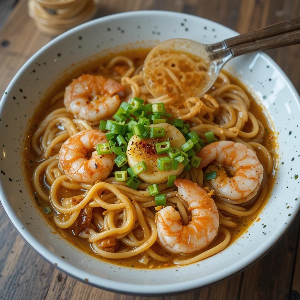 Shrimp ramen recipe with a savory broth and fresh ingredients.