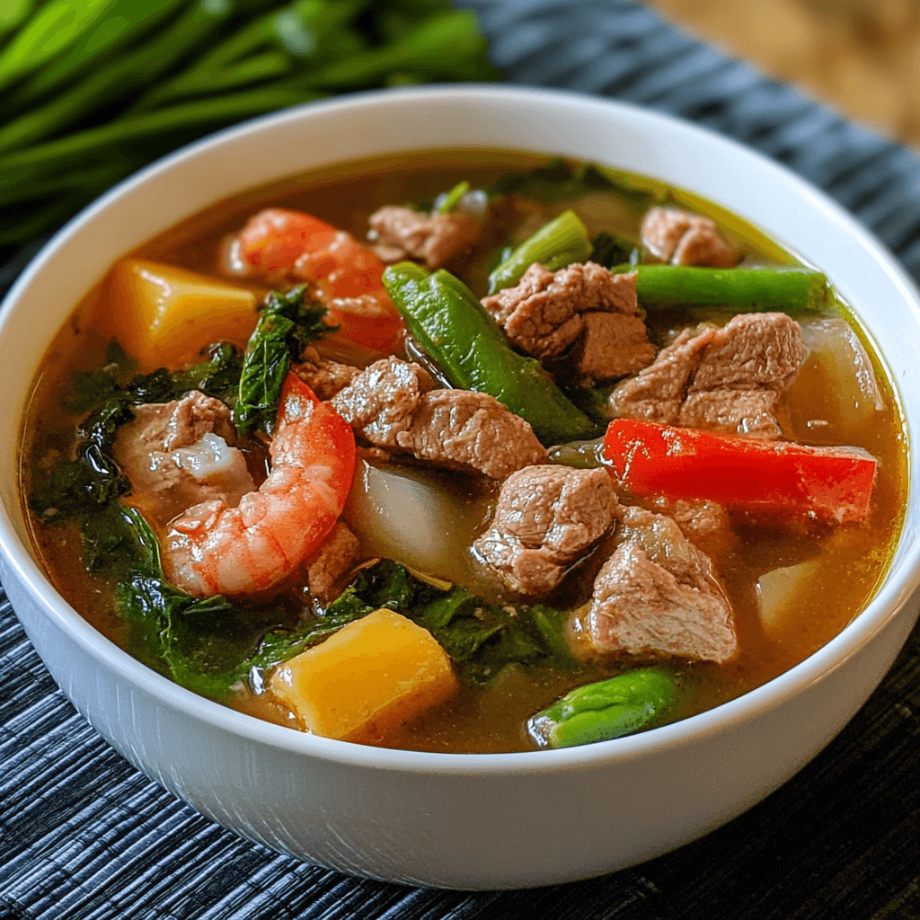 A vibrant bowl of Sinigang, the tangy Filipino soup with pork, tamarind broth, and fresh vegetables.