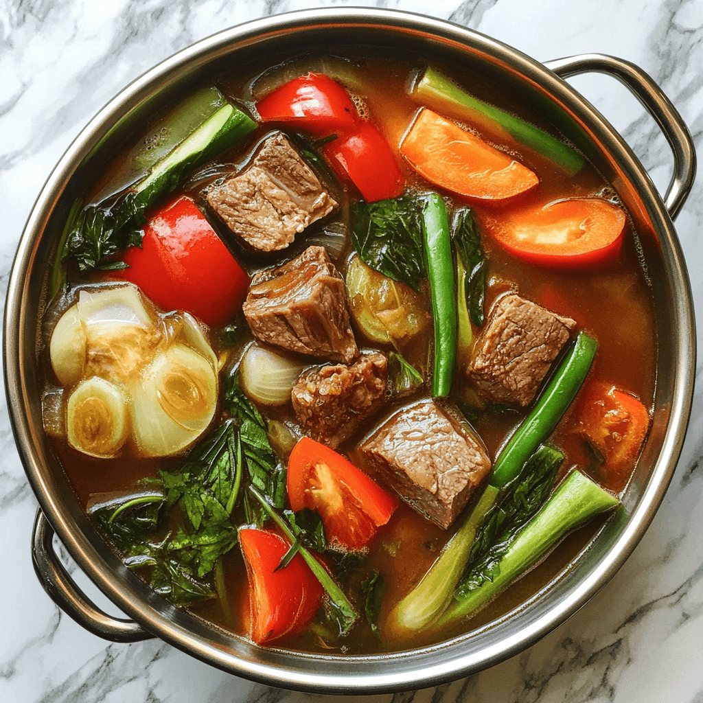 A bowl of Sinigang, a classic Filipino sour soup with tamarind broth, and fresh vegetables.