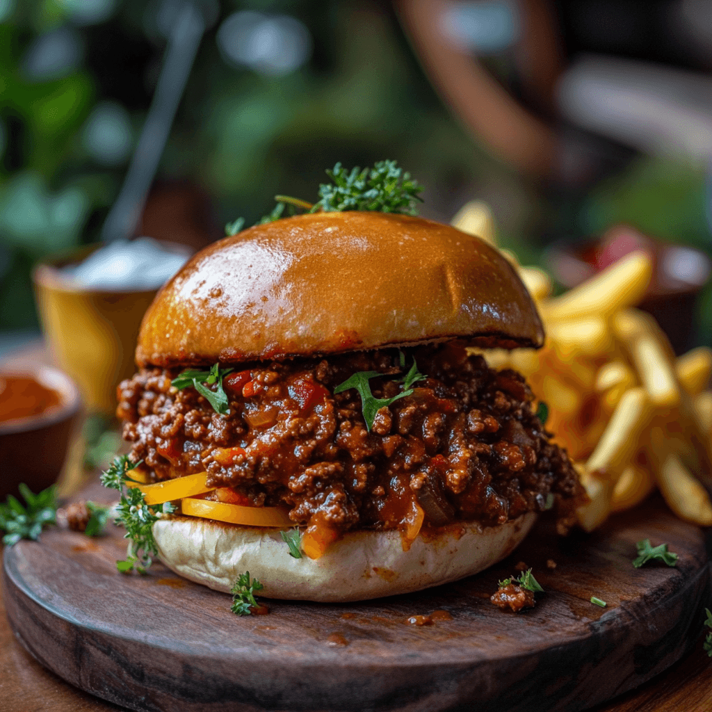 A plate of sloppy joe served with a generous helping of meat mixture on a soft bun, garnished with pickles.