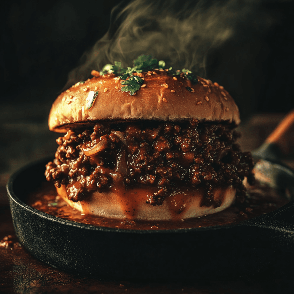 A delicious sloppy joe sandwich with a generous serving of meat filling on a soft bun, accompanied by a side of potato chips.