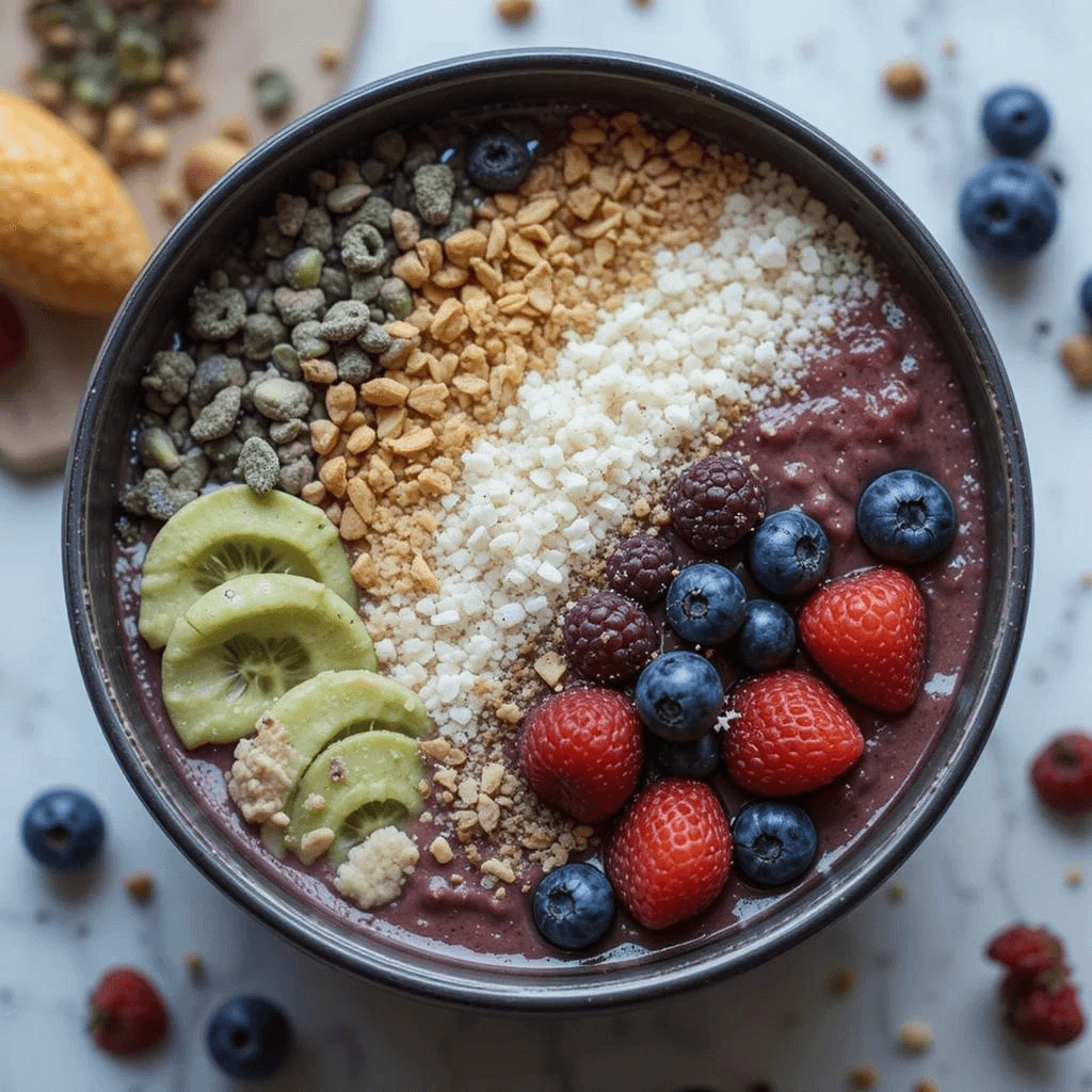 Colorful smoothie bowls topped with granola, berries, and coconut flakes.
