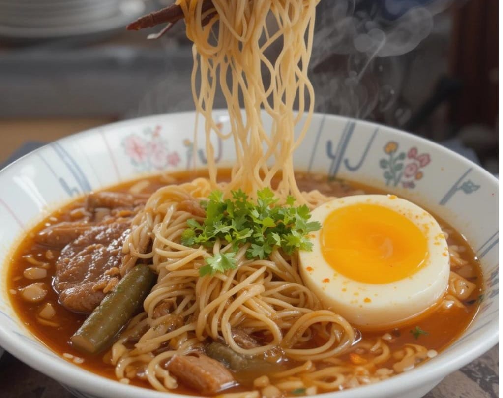 A steaming bowl of spicy beef ramen soup with tender beef slices, soft-boiled egg, fresh green onions, and chili oil in a rich, spicy broth.