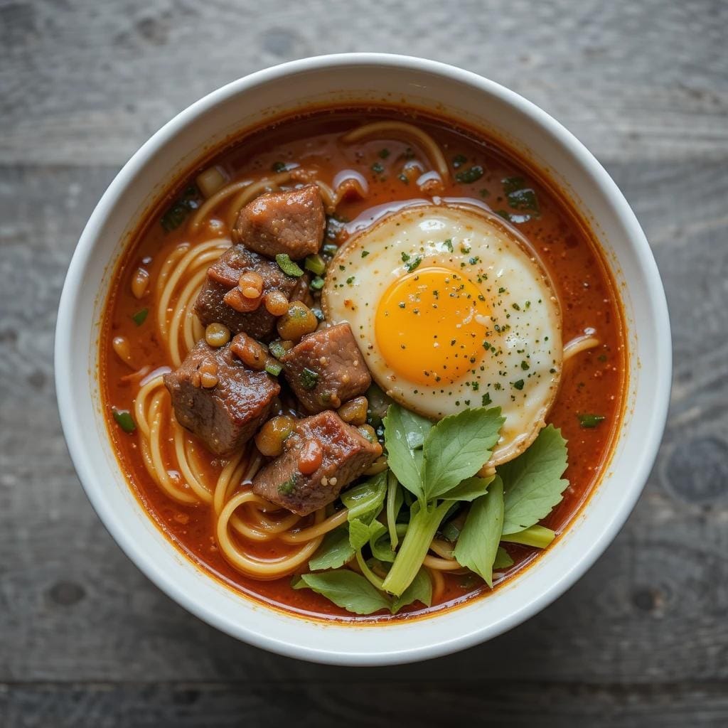 A steaming bowl of spicy beef ramen soup with tender beef slices, soft-boiled egg, fresh green onions, and chili oil in a rich, flavorful broth.