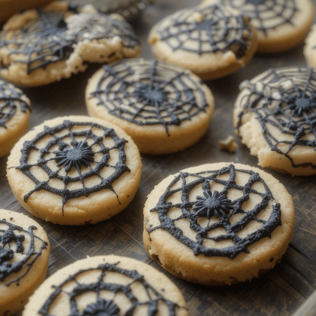 Spider web cookie stamp cookies arranged on a festive plate, decorated with black and white icing in a spooky spider web pattern.