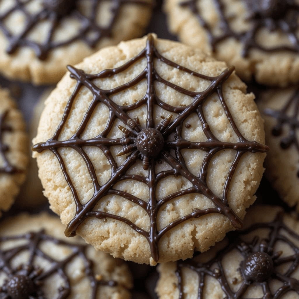 Close-up of spider web cookie stamp cookies with black and white icing, arranged on a decorative plate