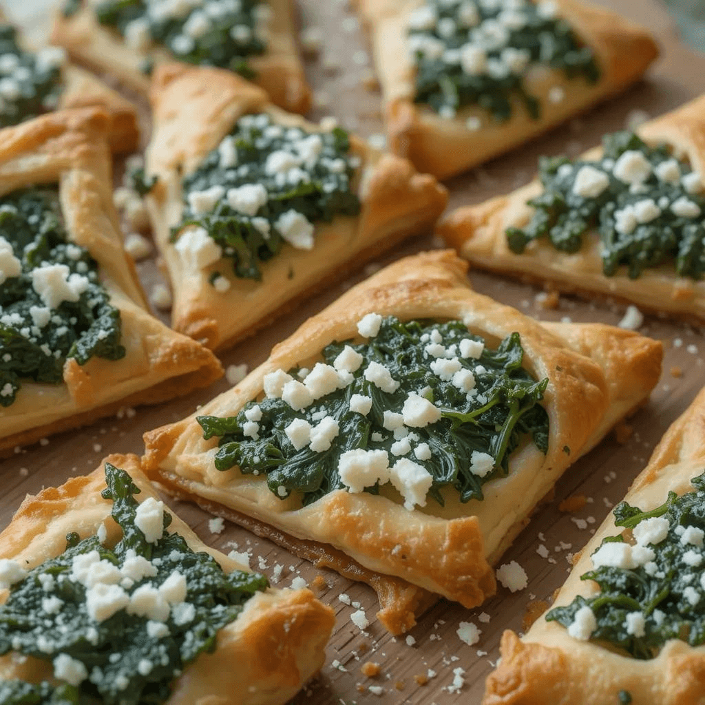 Golden-brown spinach and feta puff pastry triangles on a plate.