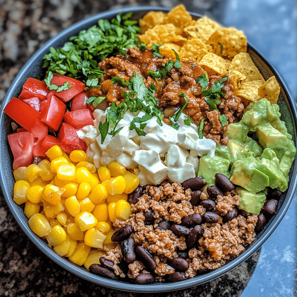 Delicious taco bowl with seasoned meat, fresh vegetables, and toppings in a bowl