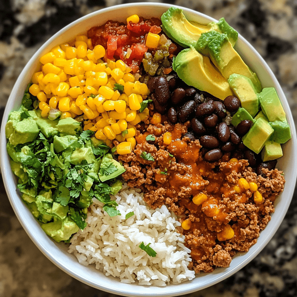 A colorful taco bowl with seasoned chicken, rice, lettuce, tomatoes, avocado, and cheese.