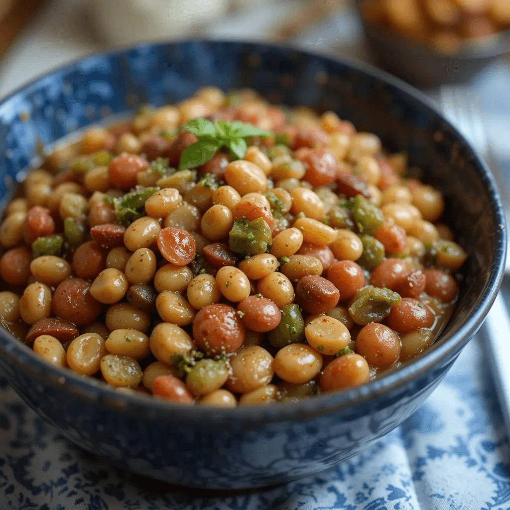 A bowl of calico beans recipe with beans, ground beef and a sweet tangy sauce.