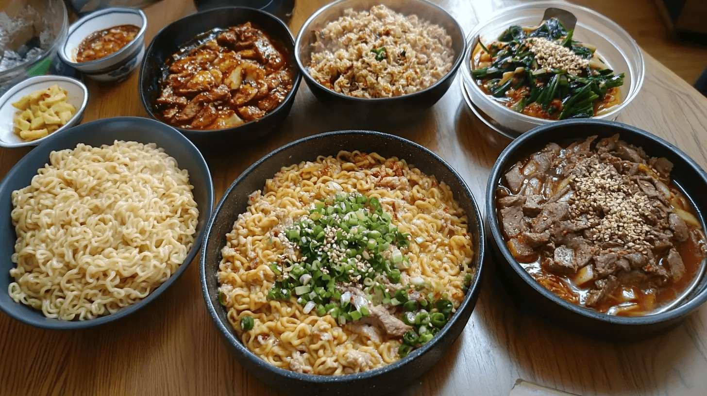 A vibrant bowl of Buldak Ramen with spicy red sauce, garnished with a sunny-side-up egg, scallions, and sesame seeds