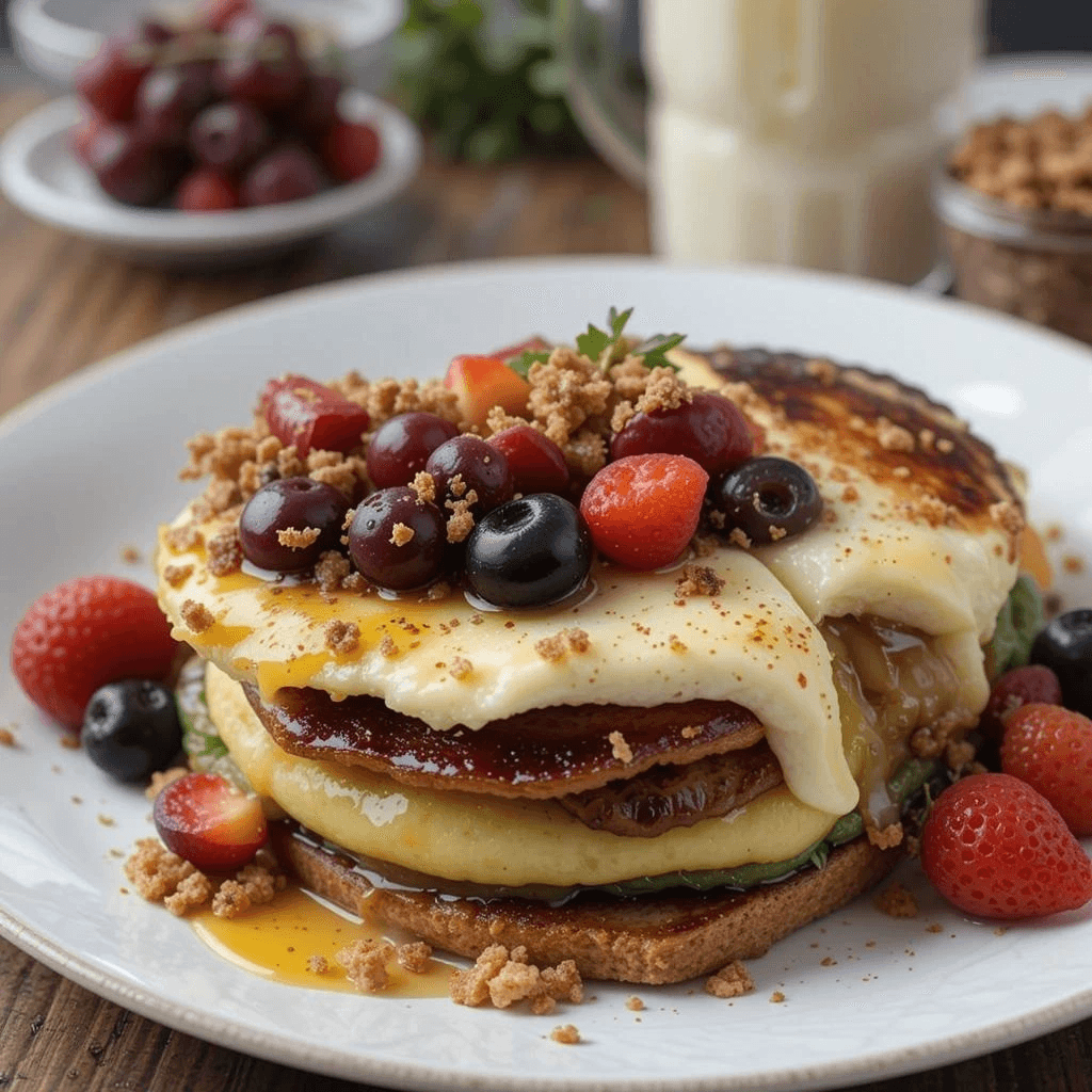 Vegan pancakes and waffles topped with fresh fruit and maple syrup.