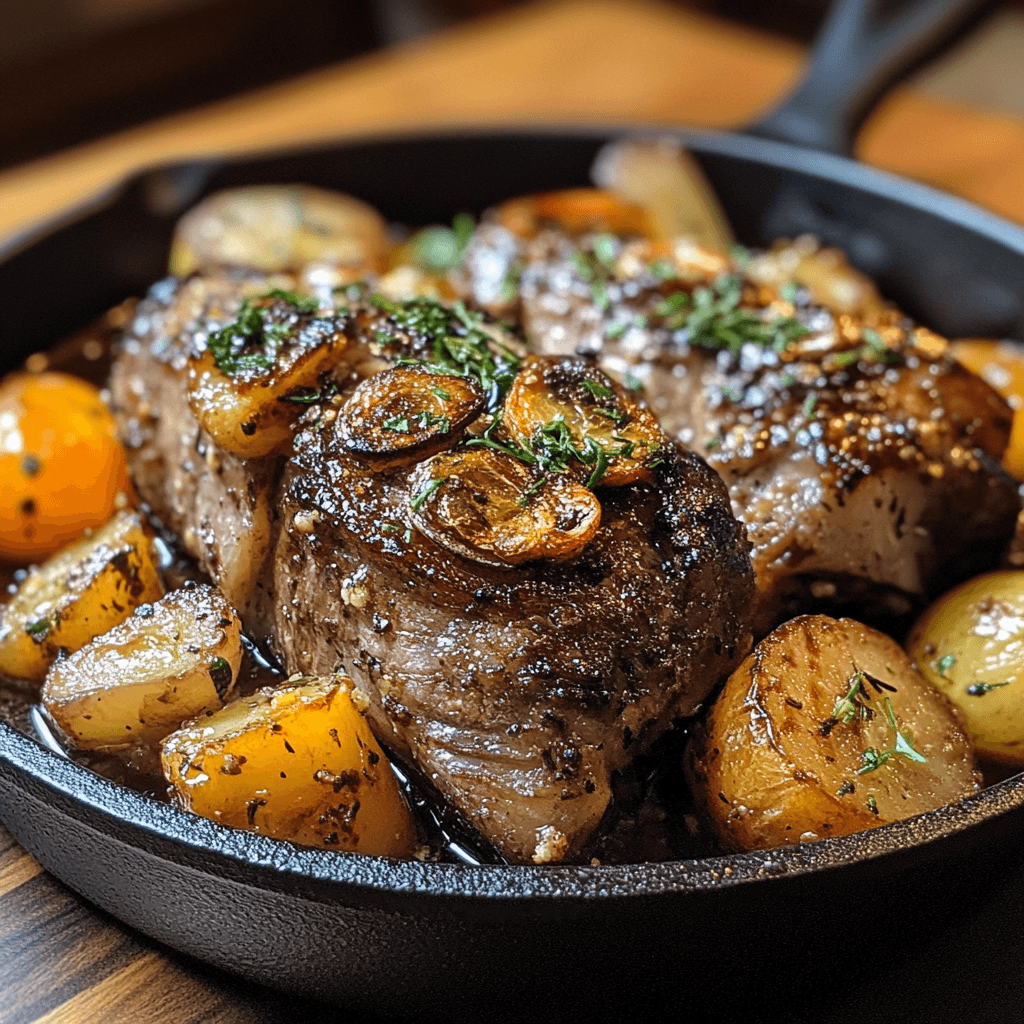 Juicy Blackstone steak served with a colorful assortment of grilled vegetables.