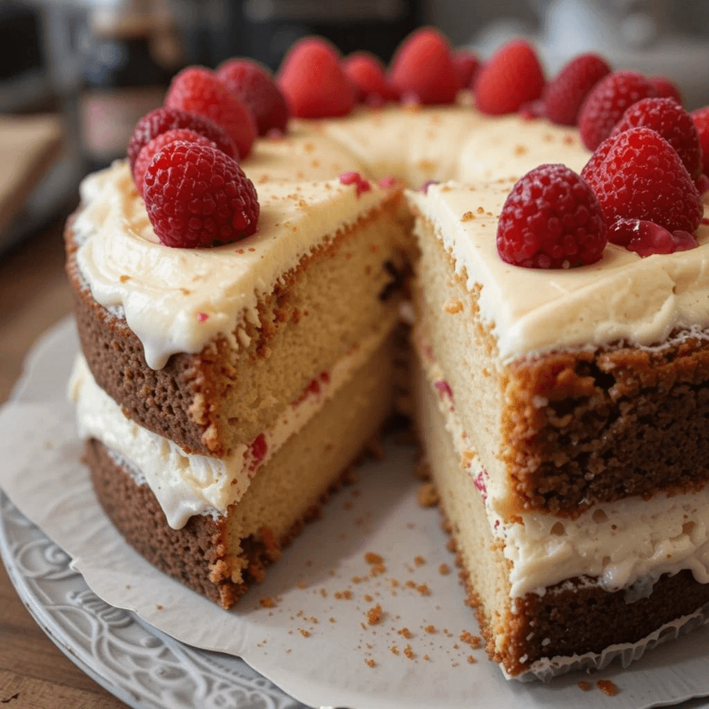 Close-up of a sliced Boston Cream Cake with vanilla sponge, pastry cream, and chocolate ganache.