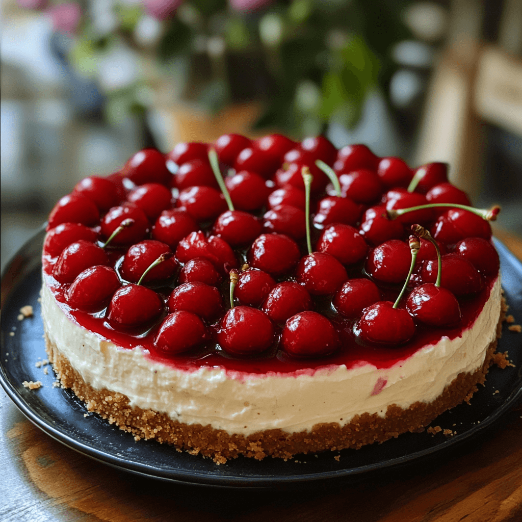 Close-up of a slice of cherry cheesecake with a glossy cherry topping and a crumbly graham cracker crust.