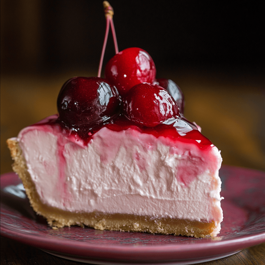 Slice of cherry cheesecake with a rich cream cheese filling, topped with fresh cherries and served on a graham cracker crust.