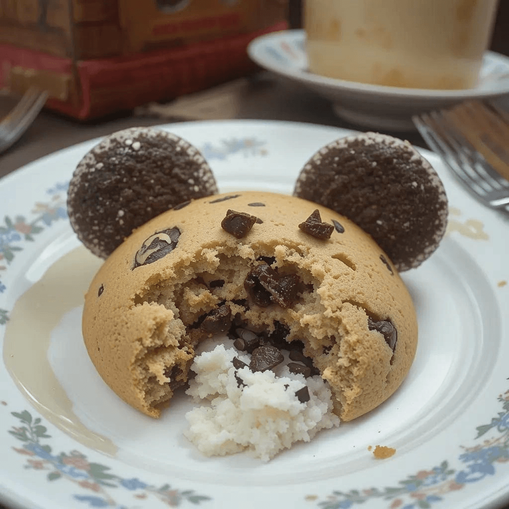 Freshly baked Disney chocolate chip cookie with gooey chocolate chips and a golden-brown edge.