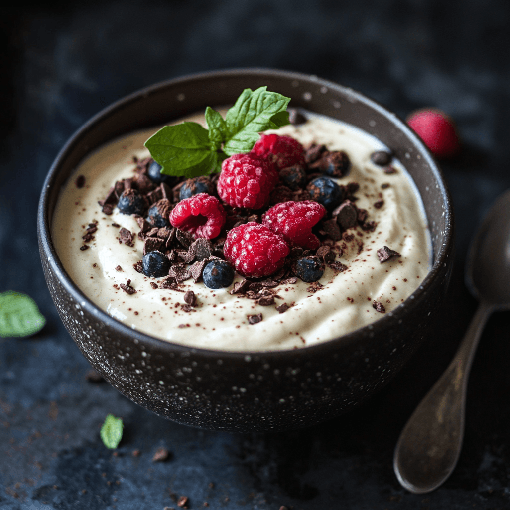 A bowl of low-sugar coconut yogurt ice cream made with the Ninja Creamy, topped with shredded coconut and fresh fruit.