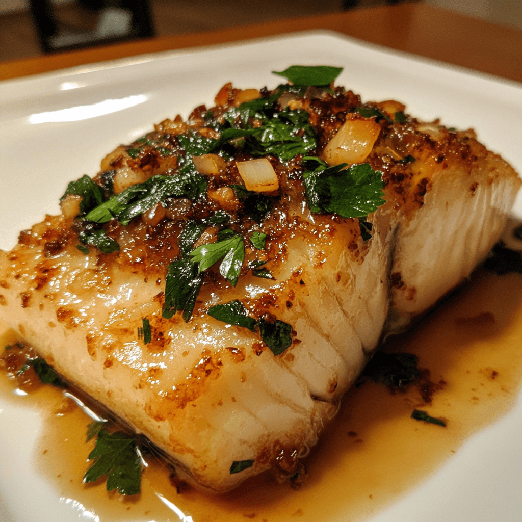 A deliciously prepared rockfish dish served with fresh herbs, lemon slices, and a colorful vegetable medley.