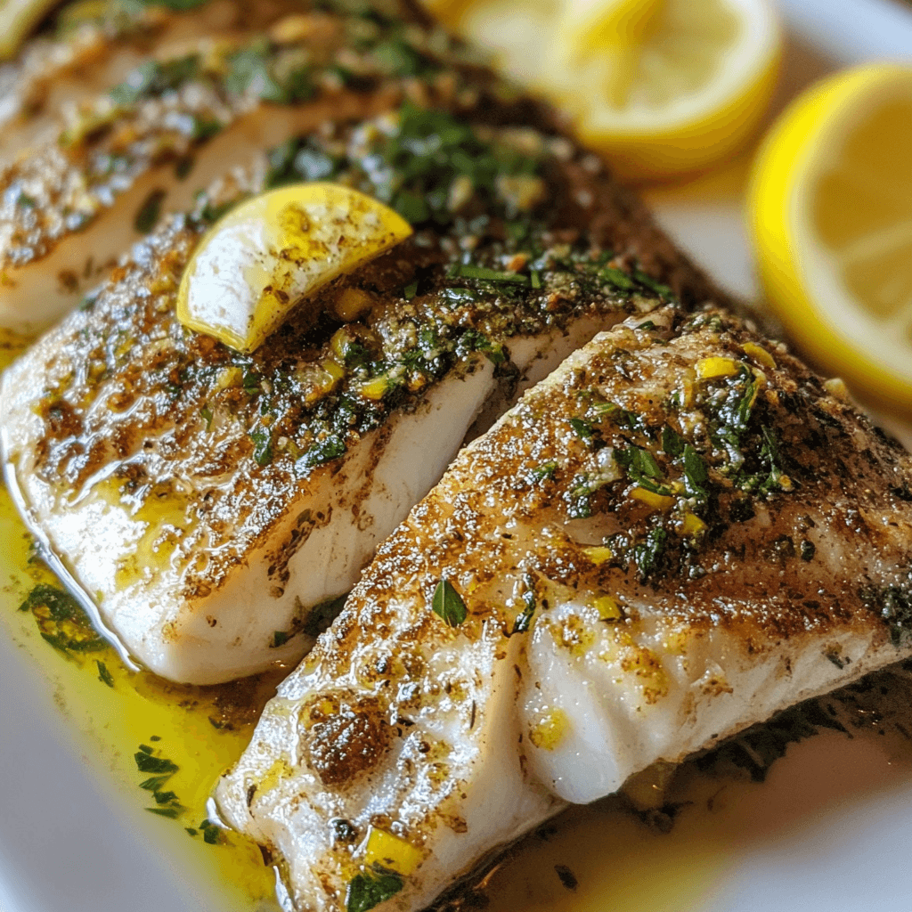 A gourmet rockfish dish served with a side of roasted vegetables and garnished with fresh lemon wedges and herbs.