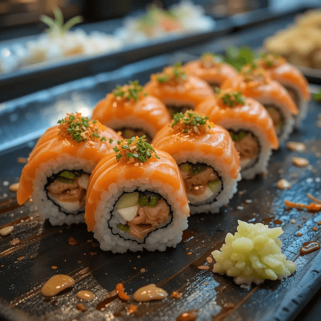 Freshly prepared sushi salmon recipe with layered sushi rice, salmon, and creamy toppings garnished with furikake and green onions.