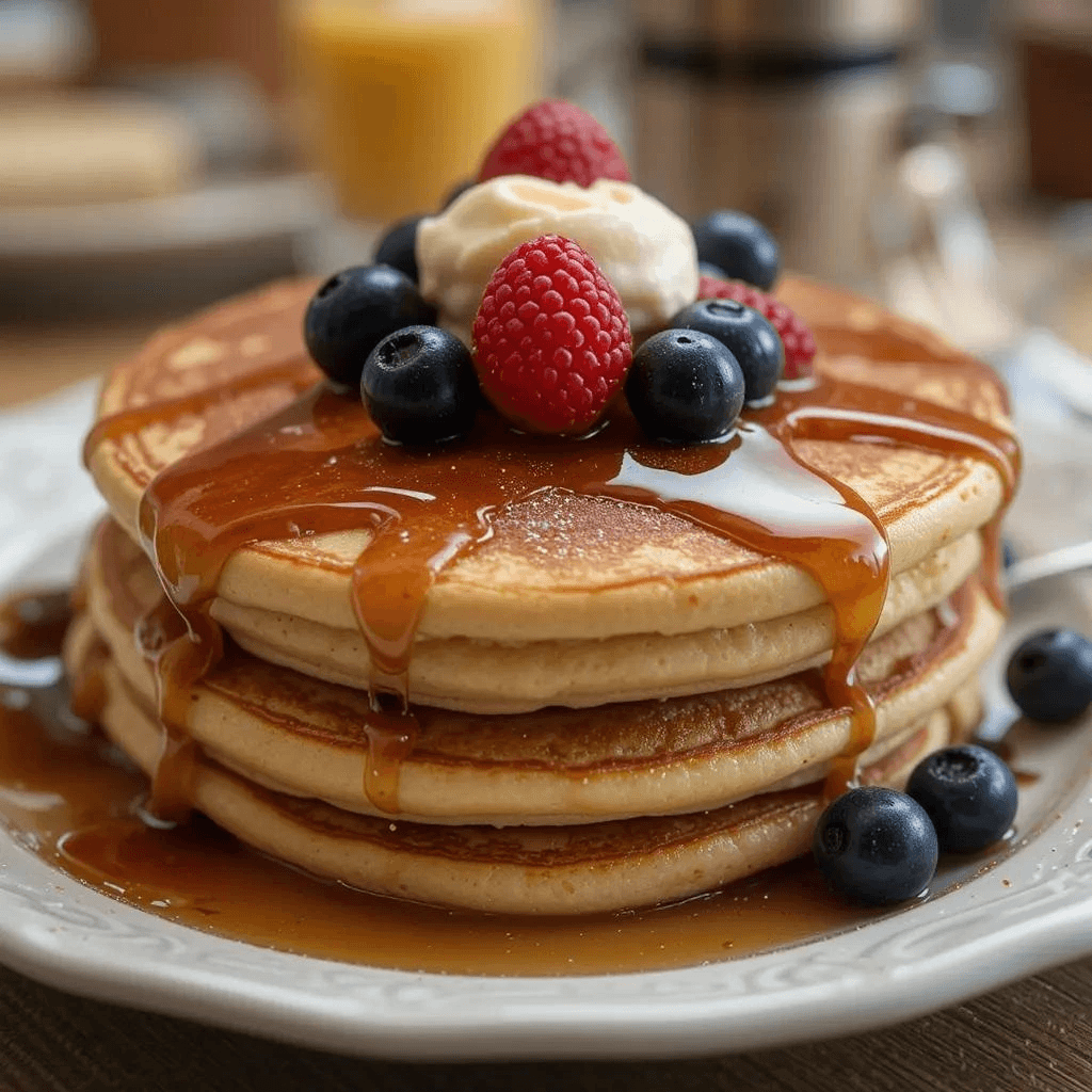 Fluffy homemade pancakes made using the Cracker Barrel pancake recipe, topped with butter and syrup for a delicious breakfast.