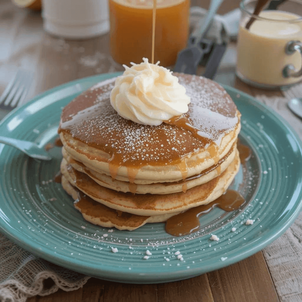 A stack of fluffy, golden-brown pancakes made with the Cracker Barrel pancake recipe, topped with butter and syrup on a rustic plate.