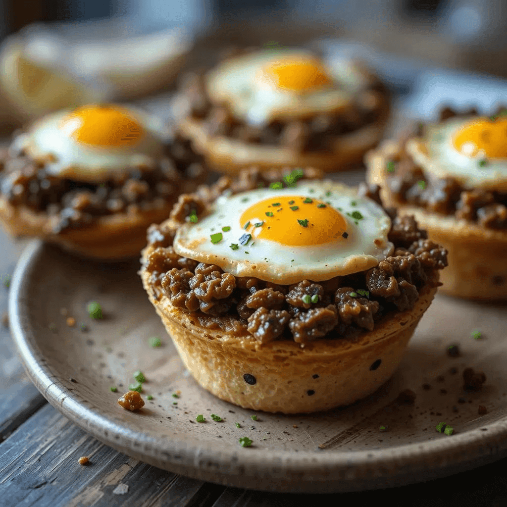 Corned beef and mushroom breakfast cups, a savory low-carb breakfast option.
