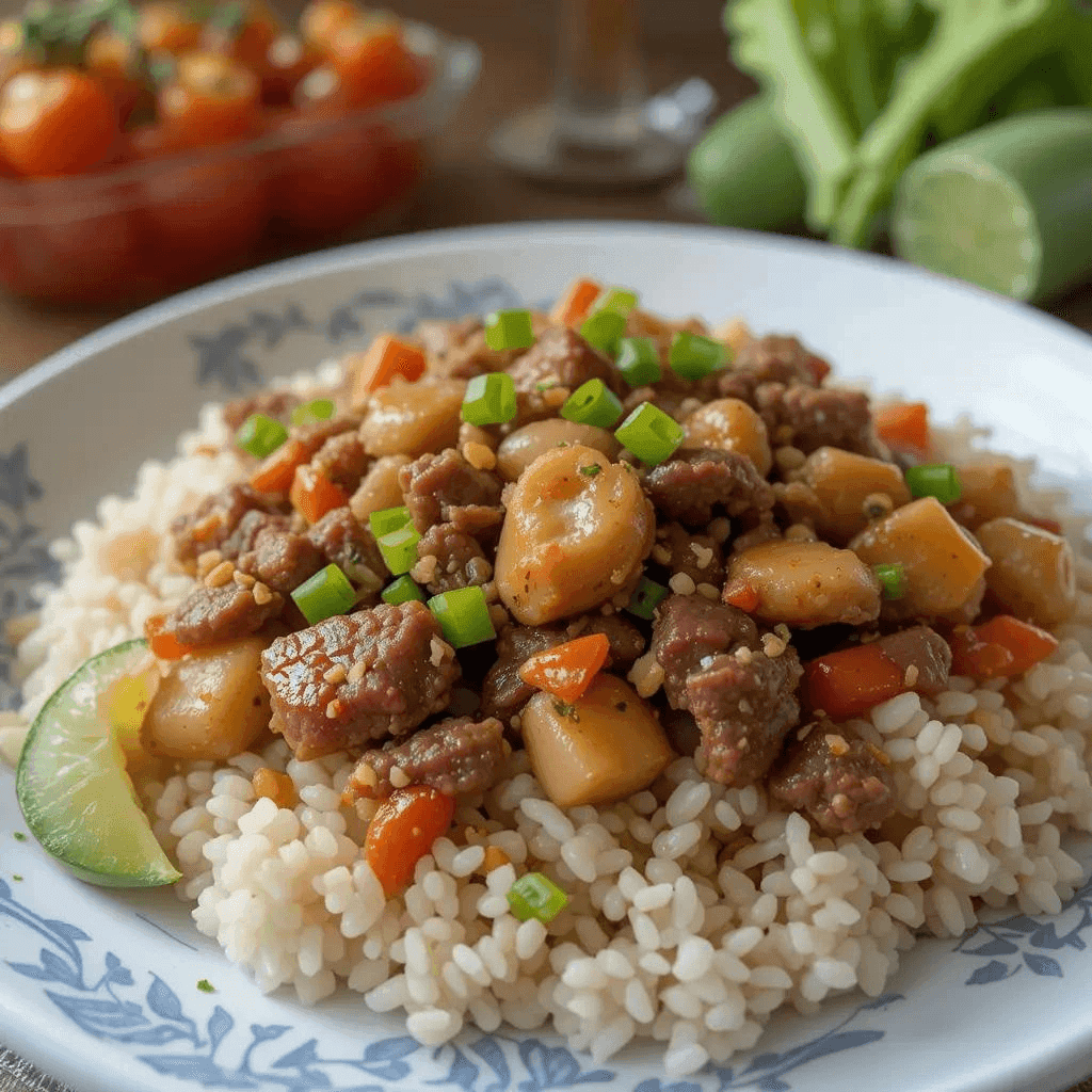 Corned beef and cauliflower rice stir-fry, a healthy and low-carb breakfast option.