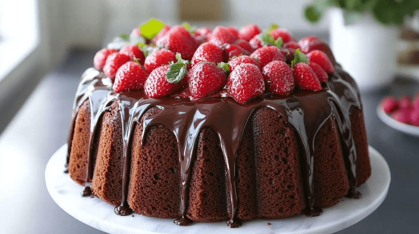 Chocolate pound cake recipe: A moist and rich homemade cake served on a white plate, garnished with chocolate ganache and fresh berries.