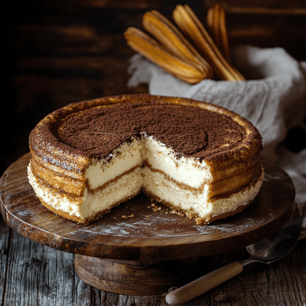 Churro cheesecake with a cinnamon sugar crust and creamy filling, offering a fusion of two beloved desserts.