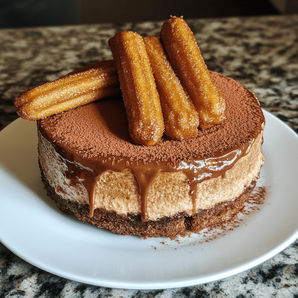 Churro cheesecake with cinnamon sugar crust and creamy filling, showcasing the perfect fusion of two desserts.