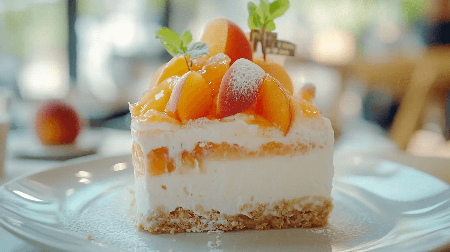 A refreshing no-bake peach dessert served in a glass, layered with fresh peach slices, cream, and graham cracker crumbs.