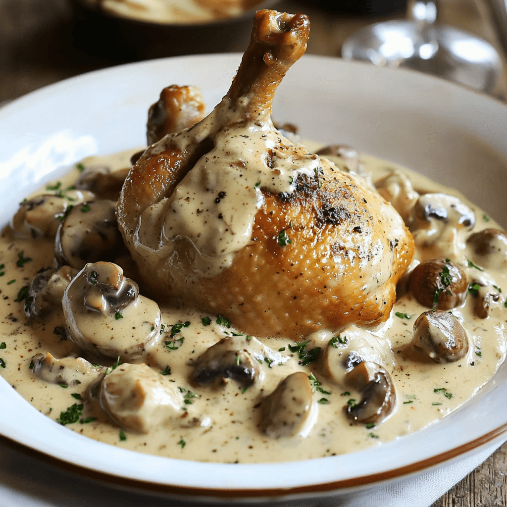 Creamy mushroom chicken with tender chicken breasts and rich mushroom sauce.