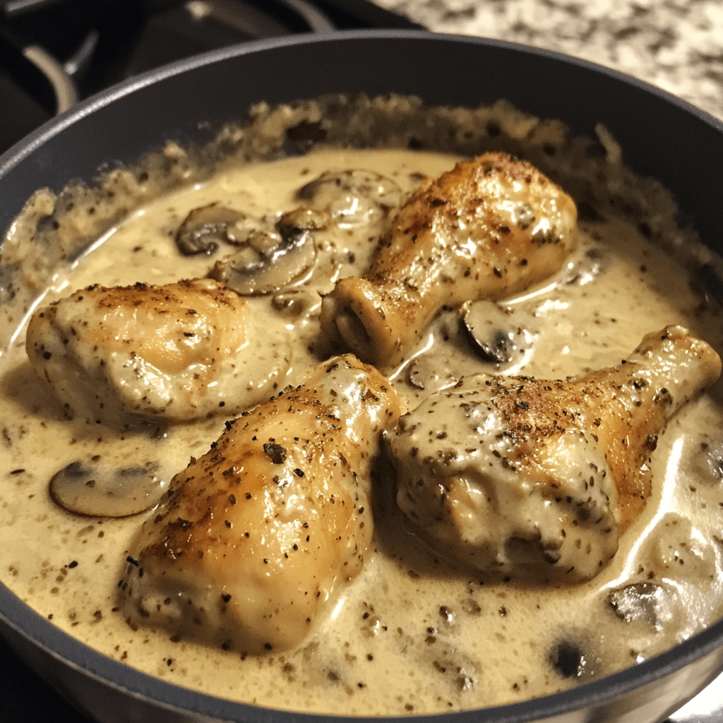 Creamy chicken dish with mushrooms and a rich sauce.