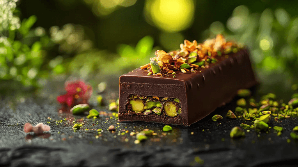 Close-up of a Dubai Chocolate Bar made with Belgian milk chocolate, pistachio cream, tahini, and kataifi pastry.