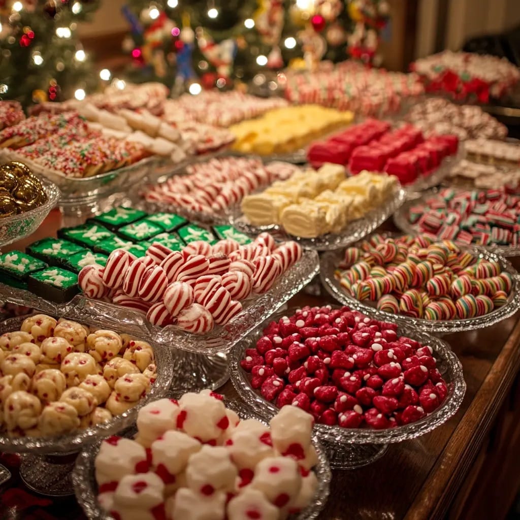 Assorted popular Christmas candies including candy canes, peppermint bark, and chocolate Santas on a festive holiday background.