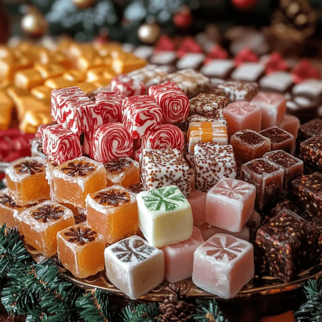 A festive display of the most popular Christmas candies, including candy canes, chocolate Santas, and peppermint bark.