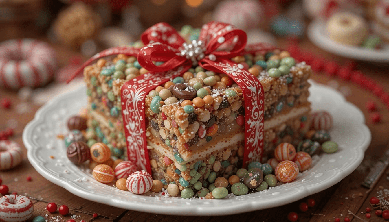 A beautifully crafted Christmas candy box filled with festive treats like candy canes, chocolates, and peppermint bark.