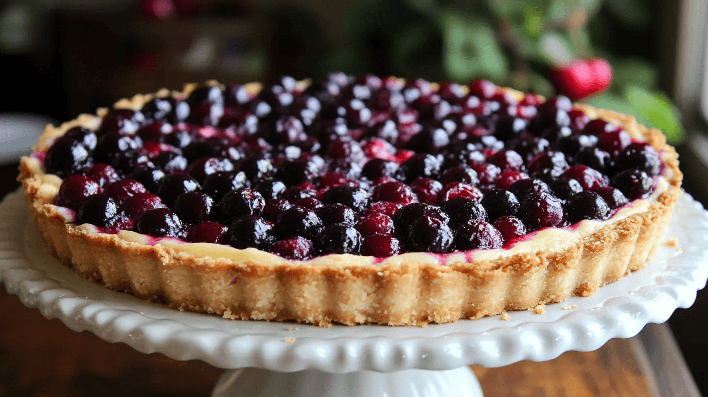 Slice of cherry cheesecake topped with fresh cherries and a creamy cheesecake filling on a graham cracker crust.