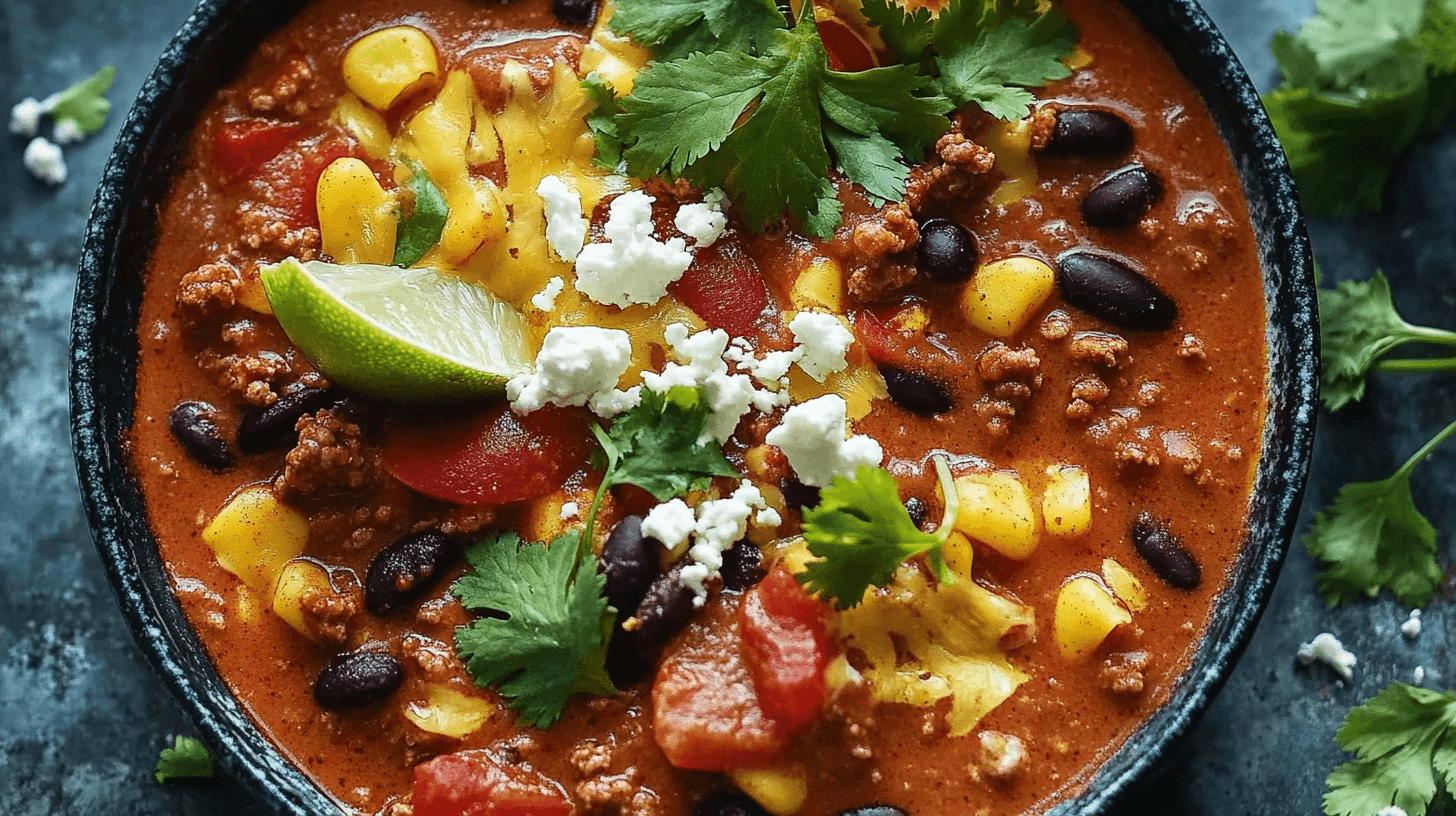 Bowl of the ultimate chili with enchilada sauce and ground beef, topped with cheese and cilantro.