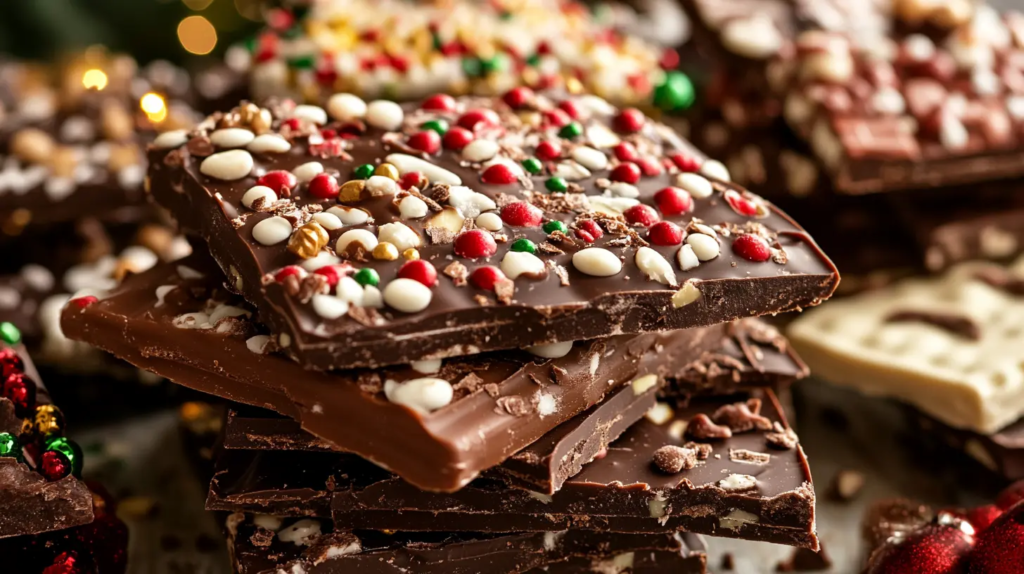 Festive Christmas bark with layers of dark and white chocolate topped with crushed candy canes, displayed on a holiday-themed platter.