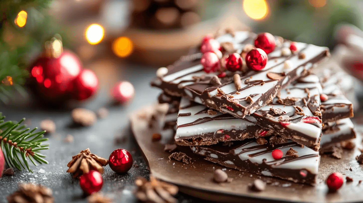 Christmas bark with layers of dark and white chocolate topped with crushed candy canes, served on a festive holiday platter.