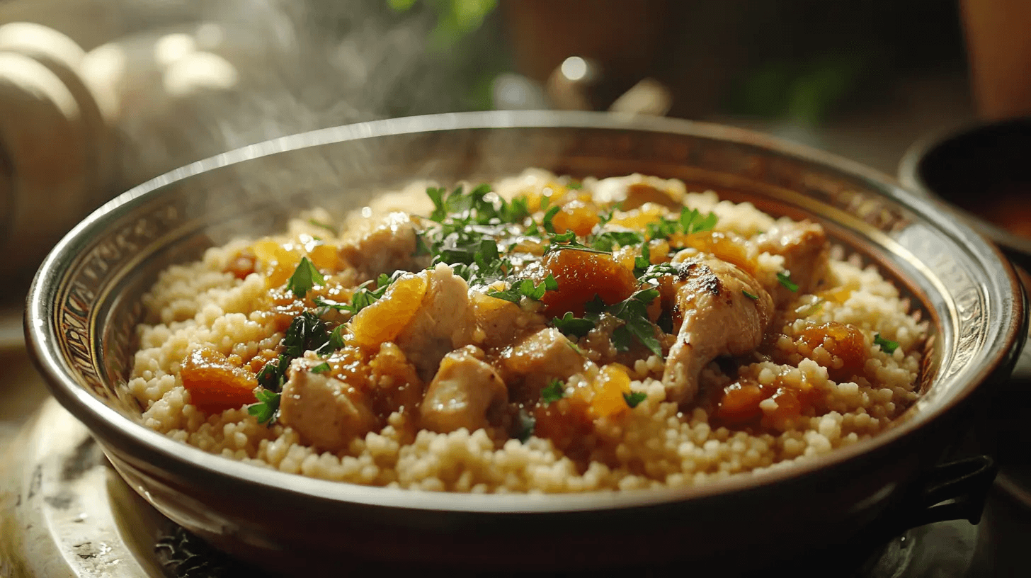 Traditional Moroccan chicken couscous served with apricot preserves, colorful vegetables, and garnished with fresh herbs.