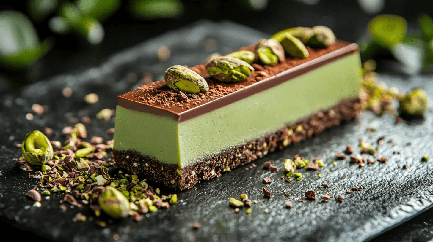 Dubai Chocolate Bar made of Belgian milk chocolate, pistachio cream, tahini, and kataifi pastry.