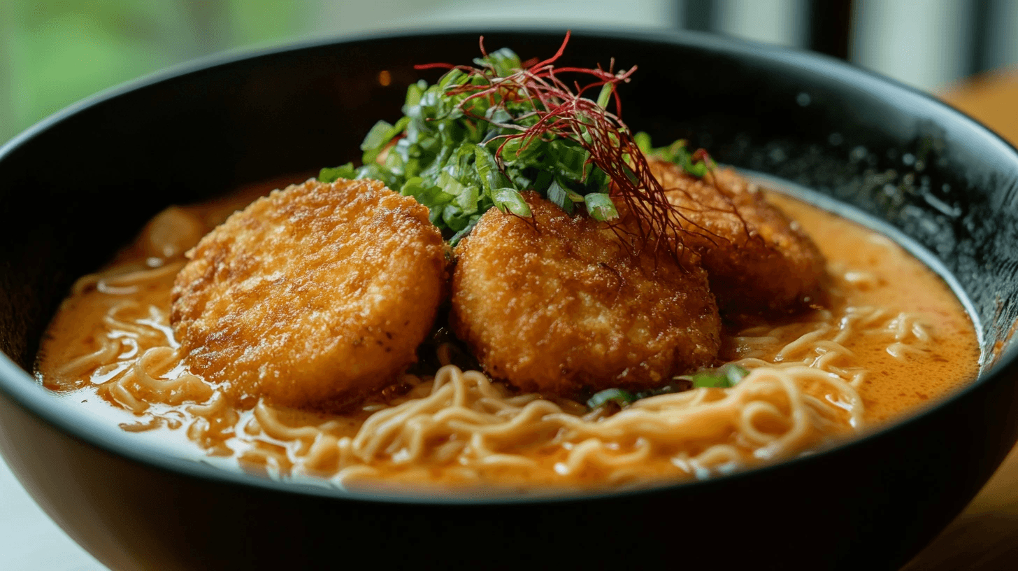 A bowl of authentic fishcake ramen with narutomaki, flavorful broth, ramen noodles, soft-boiled egg, and garnishes like green onions and nori.